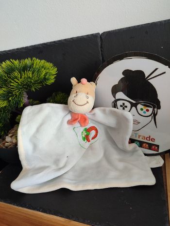 Doudou ane bengy carré plat bleu écharpe orange fer à cheval trèfle Ancien  3437