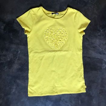 T-shirt jaune fleurs coeurs argentés 10 ans Okaidi