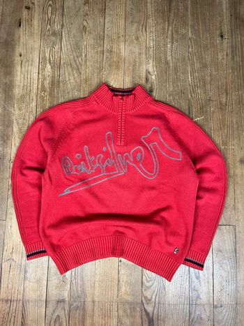 Pull maille vintage Y2K Surfwear Quiksilver rouge brodé L 1/4 zip coton
