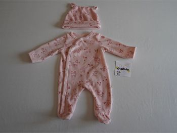 Ensemble en velours rose fantaisie In Extenso : Pyjama + Bonnet Taille : 0m 49/53 cm