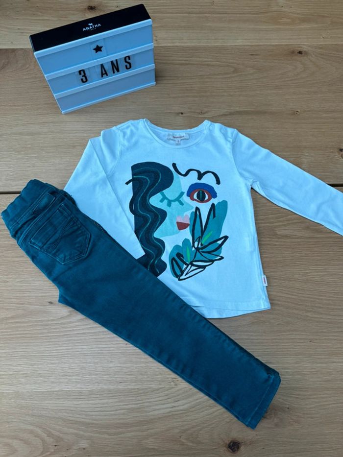 Tenue 2 pièces, teeshirt ML blanc visage vert foncé et tregging vert foncé assorti - Taille 3 Ans
