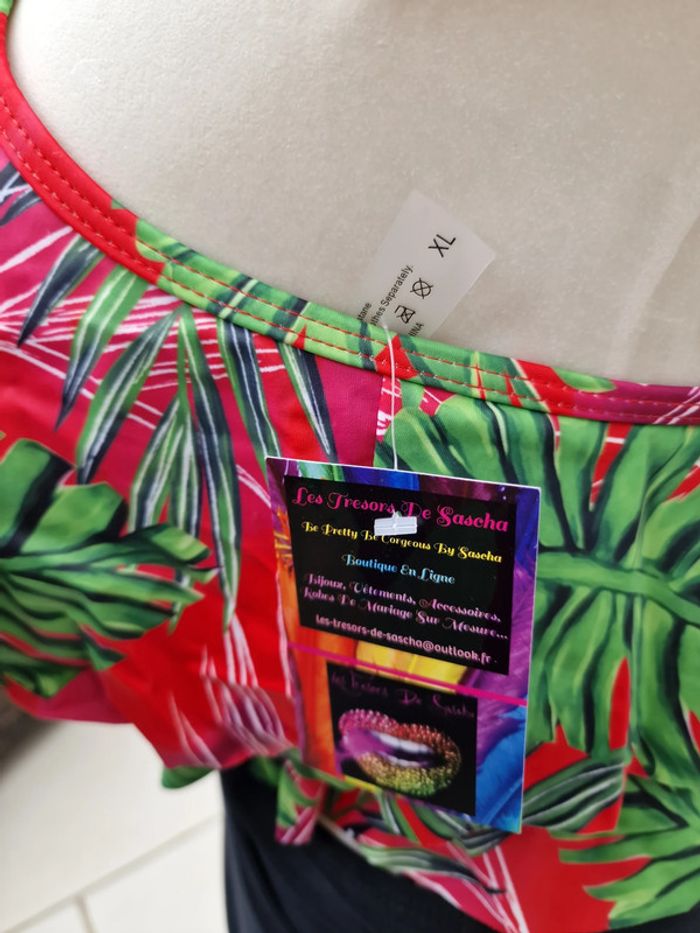 Tankini Taille Haute Maillot De Bain 2 Pieces Jungle Noir Rouge Rose Vert Volants Taille XL 44 - photo numéro 15
