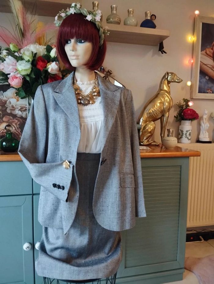 💞 Ensemble Blazer & Jupe Vichy Imitation Lin Collection Vintage Weill T44/46💞 - photo numéro 2