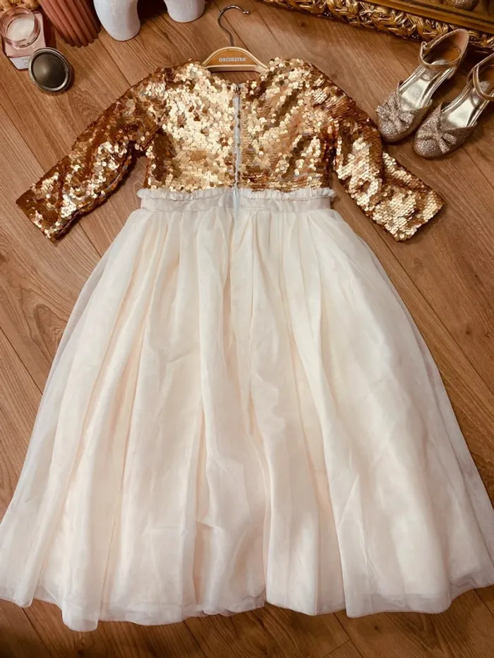 Taille 5-6 ans robe longue créateur fille TAO crème et bronze * sequins et tulle * 💐 - photo numéro 8