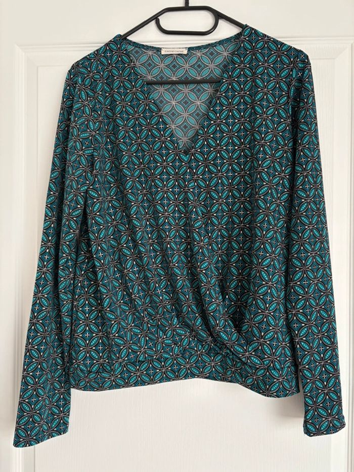 Blouse manches longues bleu / vert à motifs Cache Cache M très bon état - photo numéro 2
