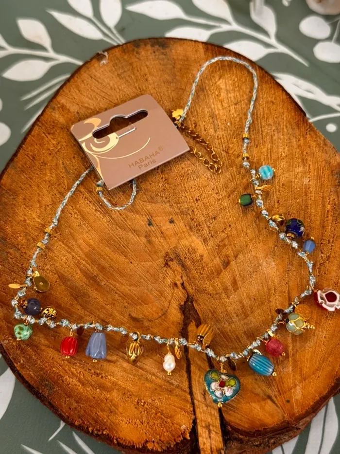 Collier cordon grigris acier inoxydable or perles naturelles fleurs médaille pampilled habaha Paris - photo numéro 2