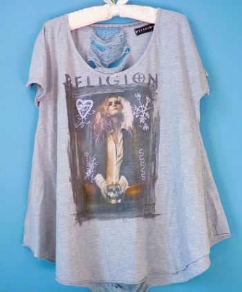 T-shirt Femme Religion S 36 Gris TBE style Rock manches courtes