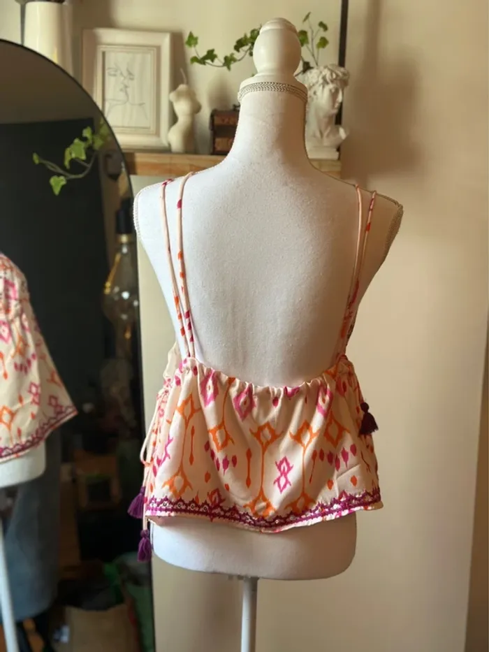 Top à bretelles imprimé ethnique brodé, neuf - Taille S - photo numéro 4