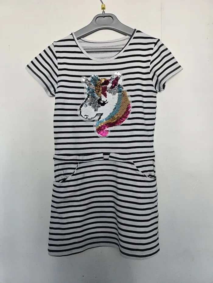 Robe marinière à manches courtes fille - Taille 8 ans - Licorne en sequins