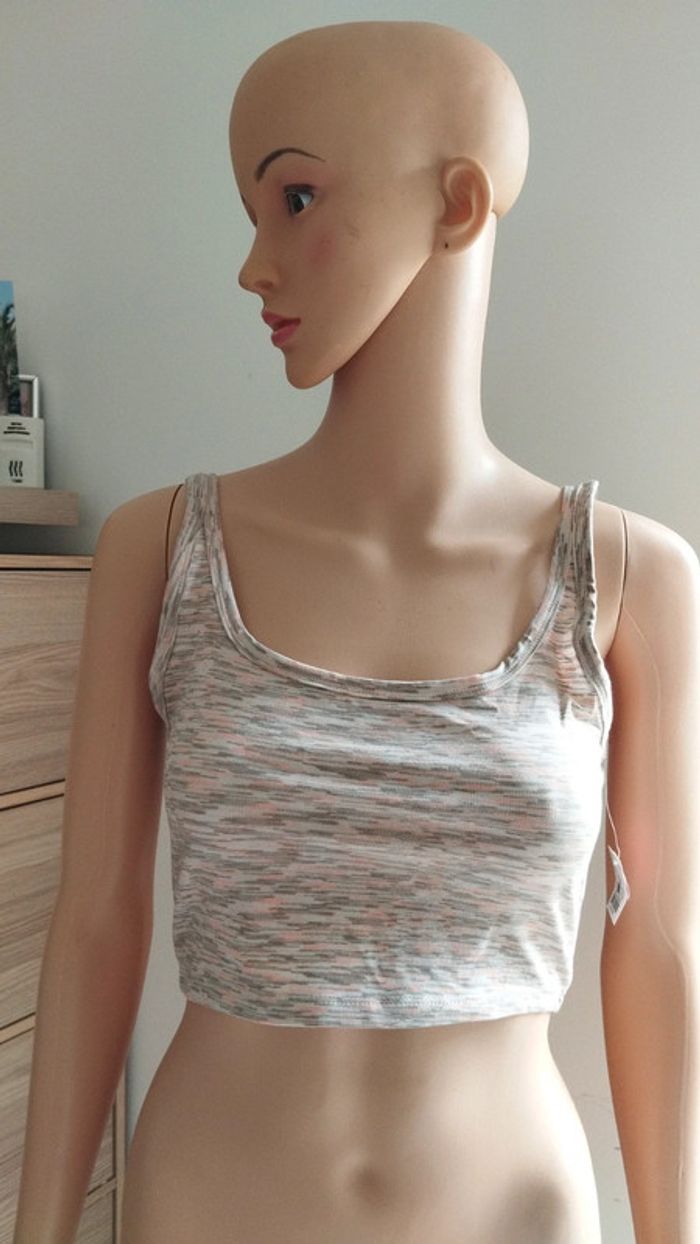 Top haut court débardeur gris rose taille s femme - photo numéro 3