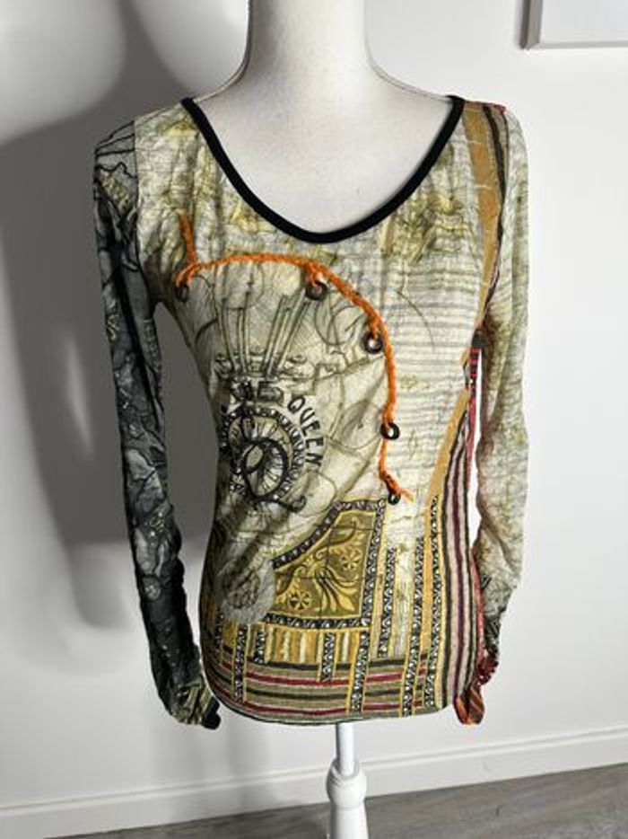 Top en mesh bariolé kaki beige Save the Queen! T40 L