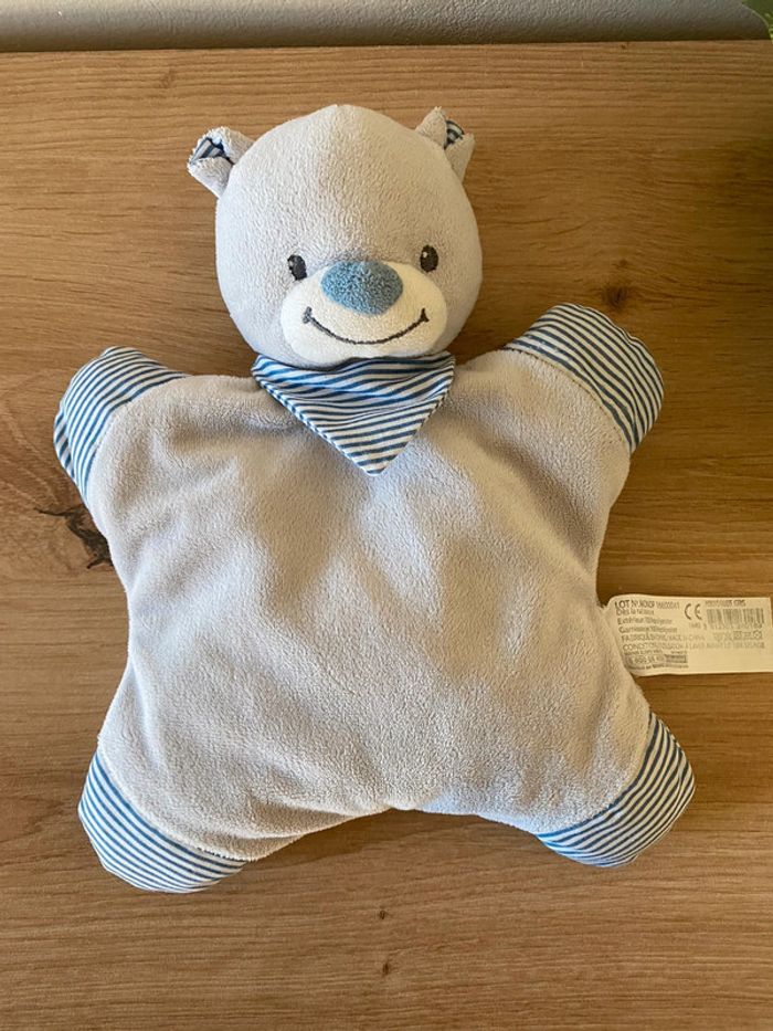 Doudou semi plat ours gris bandana rayé bleu blanc grelot bout chou - photo numéro 2