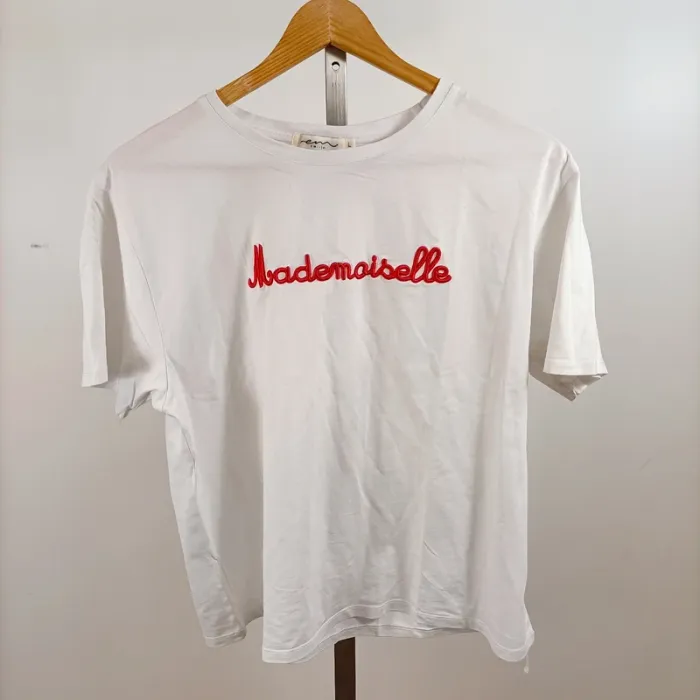 T-shirt blanc L Emi-jo Mademoiselle brodé rouge casual coton stretch col rond A1428