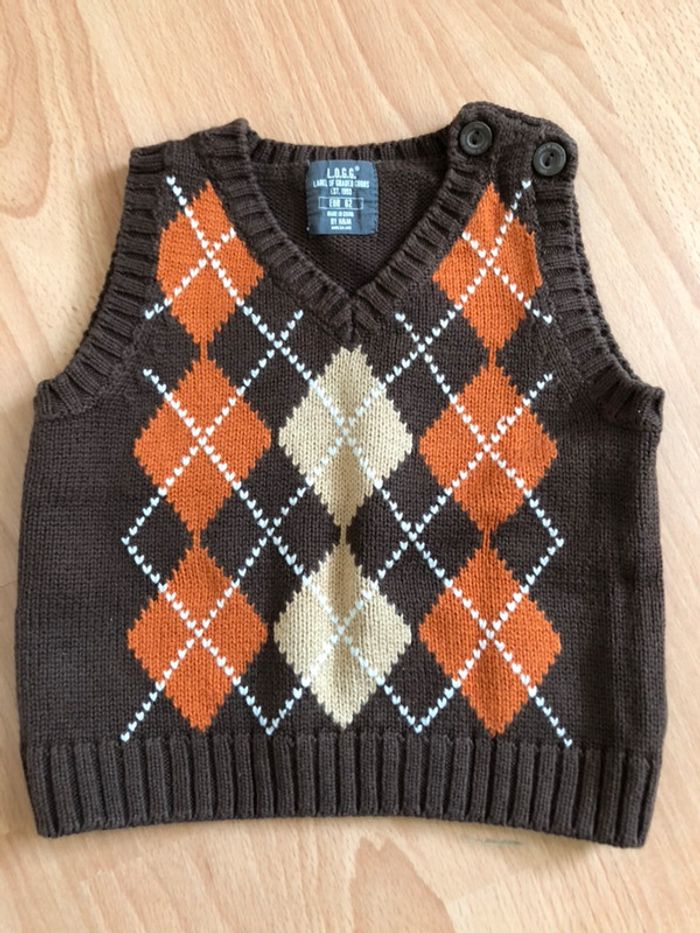 Joli pull sans manches marron et orange T. 3 mois/62cm garçon TBE