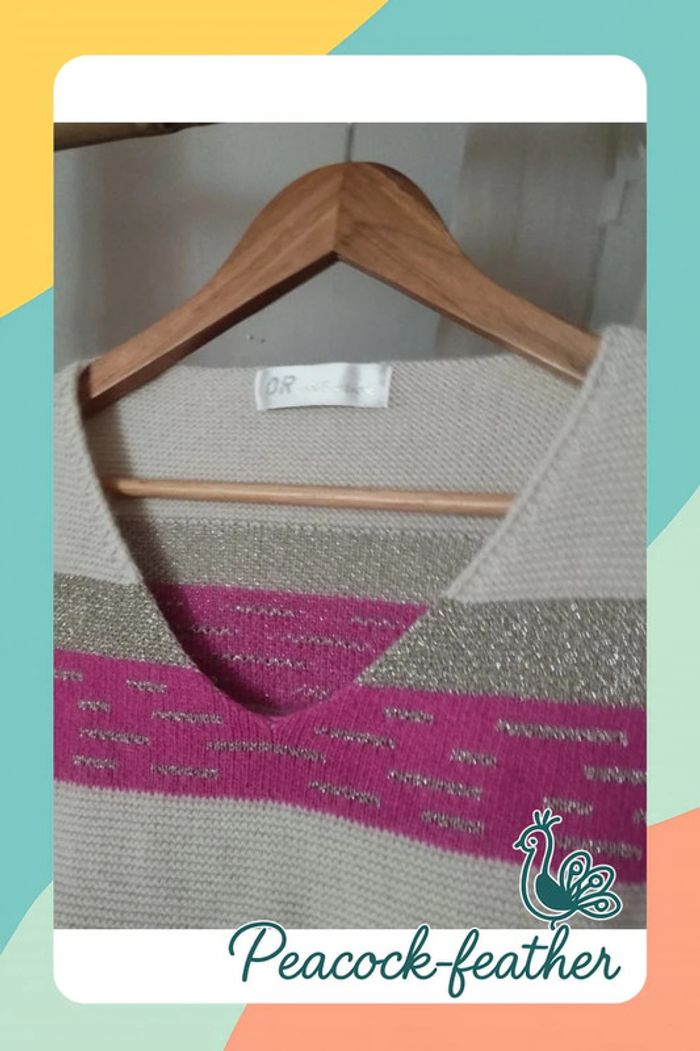 Pull rayé beige rose doré TU - photo numéro 3