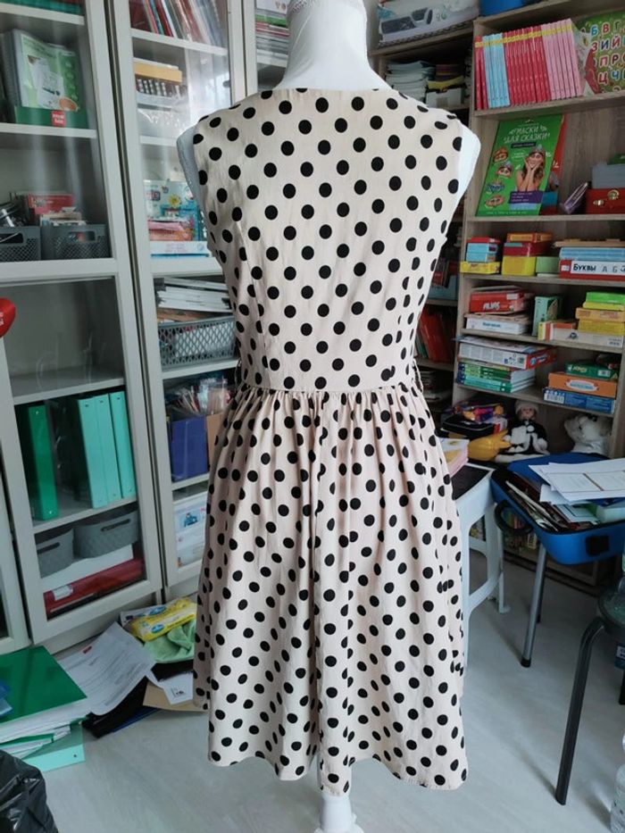 Robe Vintage 100% Lin avec Doublure 100% Coton - Pois Noir sur Beige, Charme Rétro ! - photo numéro 2
