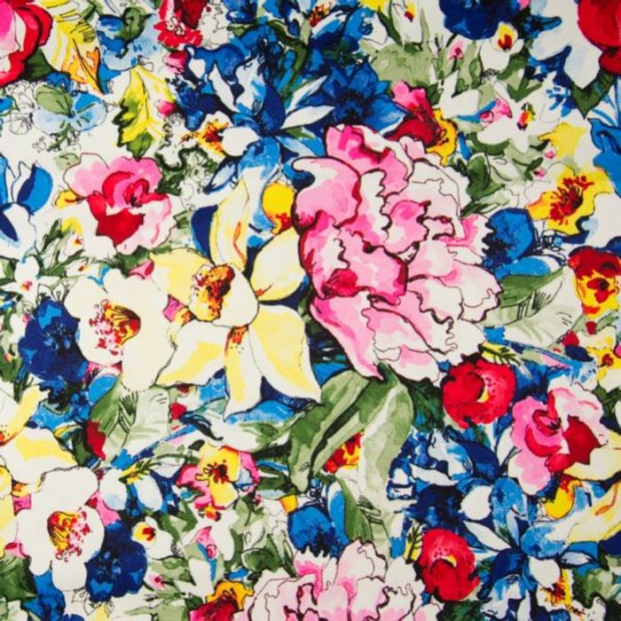 Tissu satin coton imprimé fleurs luxuriantes jaune, bleu et rose – Mondial Tissus 5 m x 1.45 m