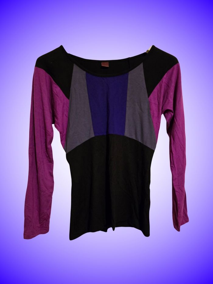 Haut Bicolore Blancheporte – Violet, Bleu, Noir – Manches Longues – Taille 34 XS 36 S – Très Bon État