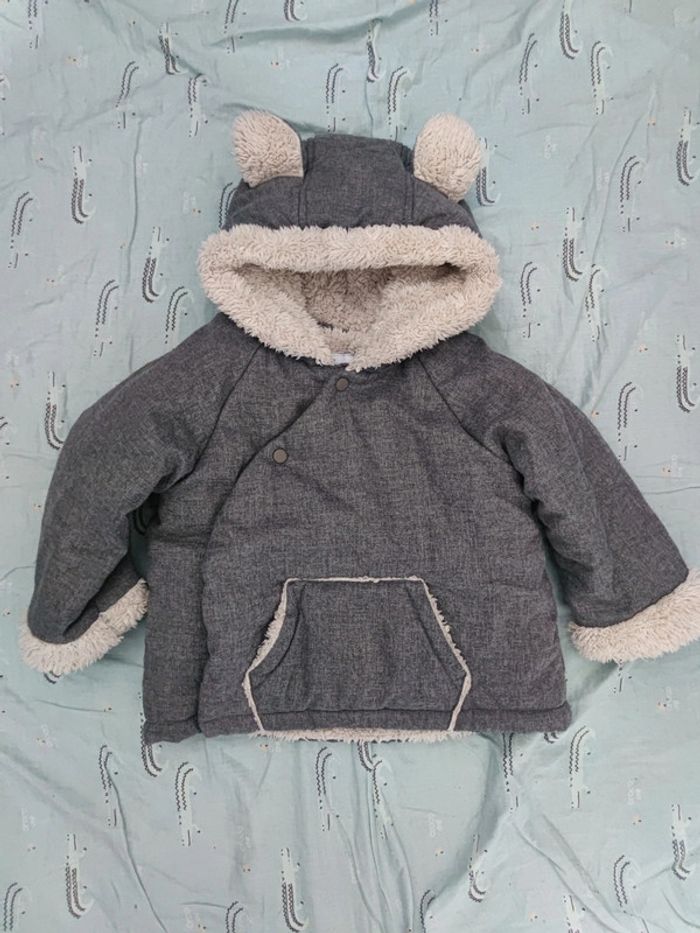 Manteau gris fourré capuche ourson T.24 mois
