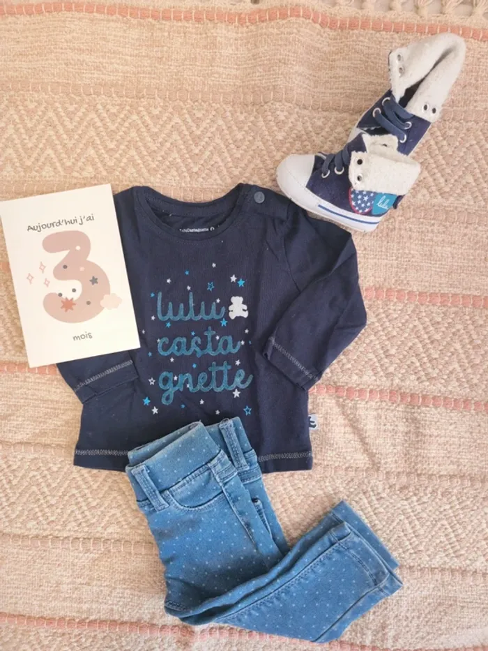 Ensemble 3 pièces haut nounours et jegging jean à pois avec baskets assorties 3 mois