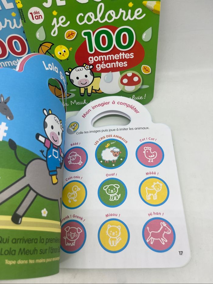 Lot de 4 livres d’activités Magazine Je colle je colorie Avec 100 gommettes géantes imagier neuf avec Lola meuh - photo numéro 2