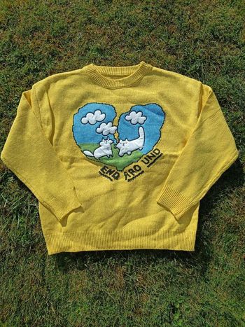 Pull tricoté Chat bleu ciel L