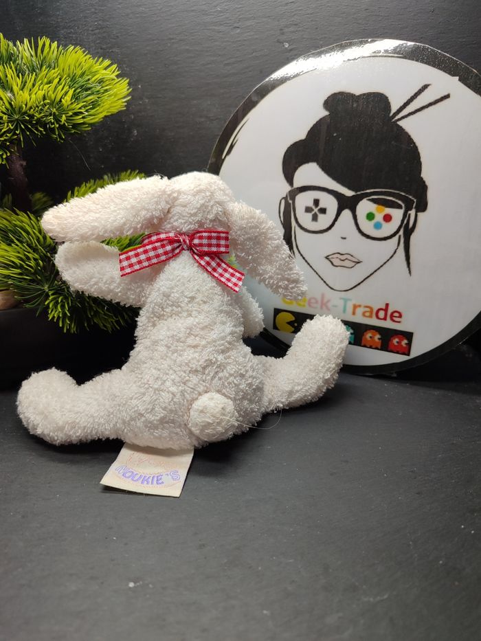 peluche doudou lapin noukie's ancien éponge blanc rouge vichy carreaux noeud - photo numéro 2