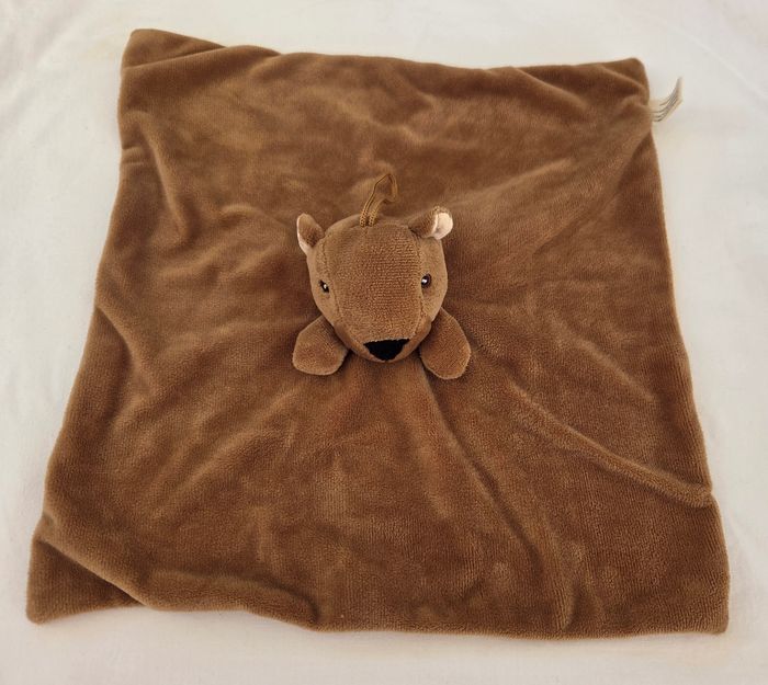 Doudou Ecureuil/ Castor carre plat marron et lange beige fleuri - Doucet