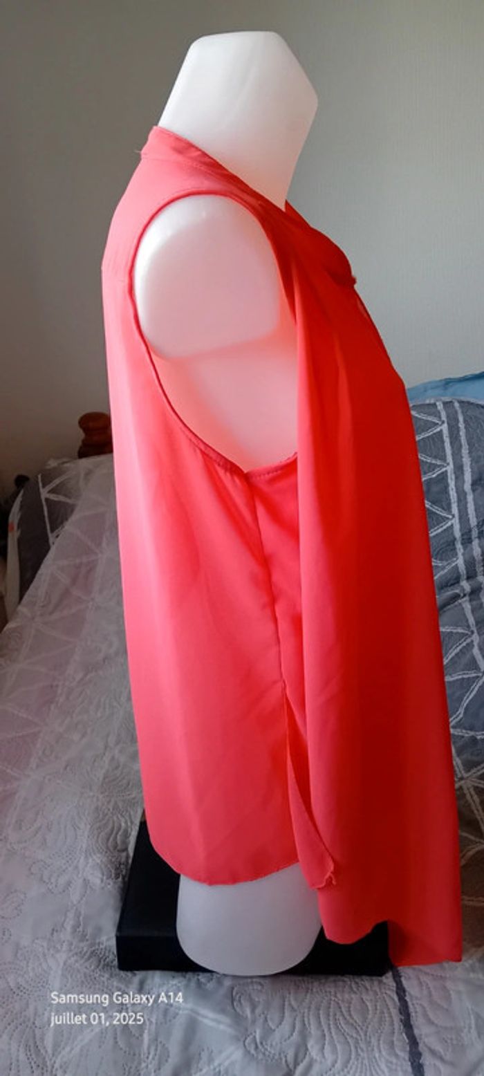 Blouse en voile sans manches assymetrique effet superposé corail femme xl made in italy - photo numéro 4