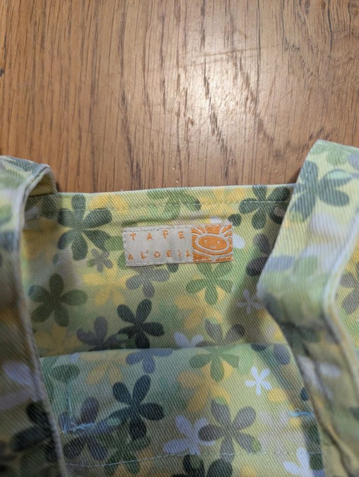 Robe jean à bretelles imprimé fleurs jaune et verte - photo numéro 2