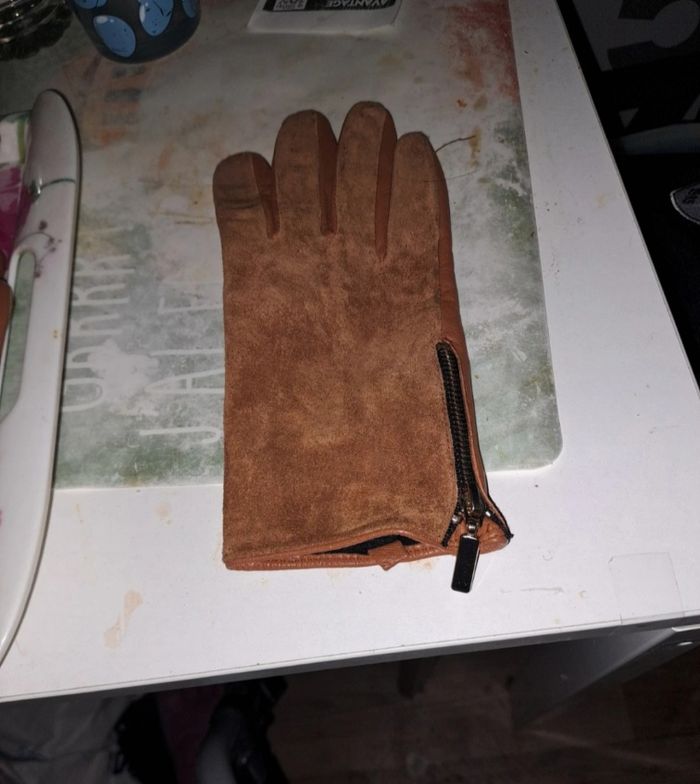 Gants camel/marrons en simili cuir et Daim. - photo numéro 7