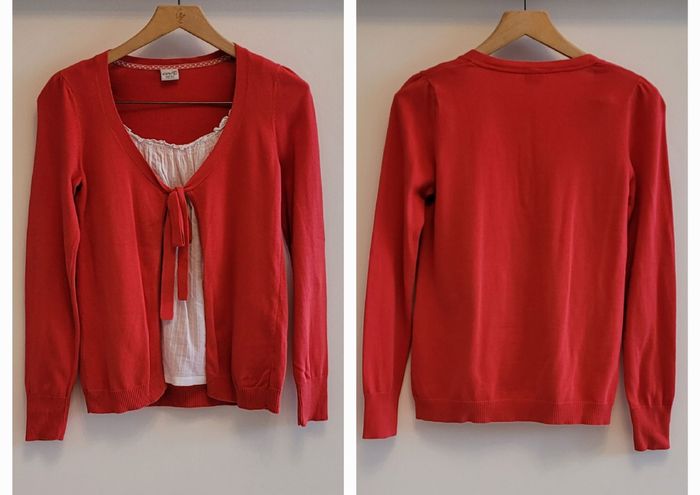 Esprit Cardigan 2en1 TFr38- Col Rond -Cardigan Corail & Empiècement central Blanc - photo numéro 3