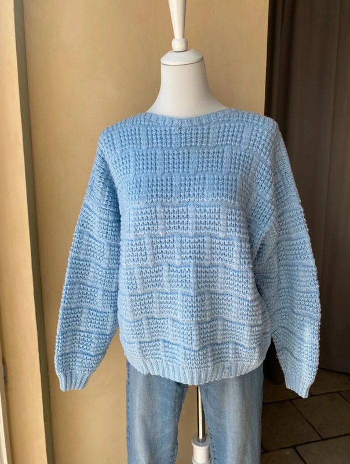 Pull mailles bleu ciel vintage - photo numéro 4