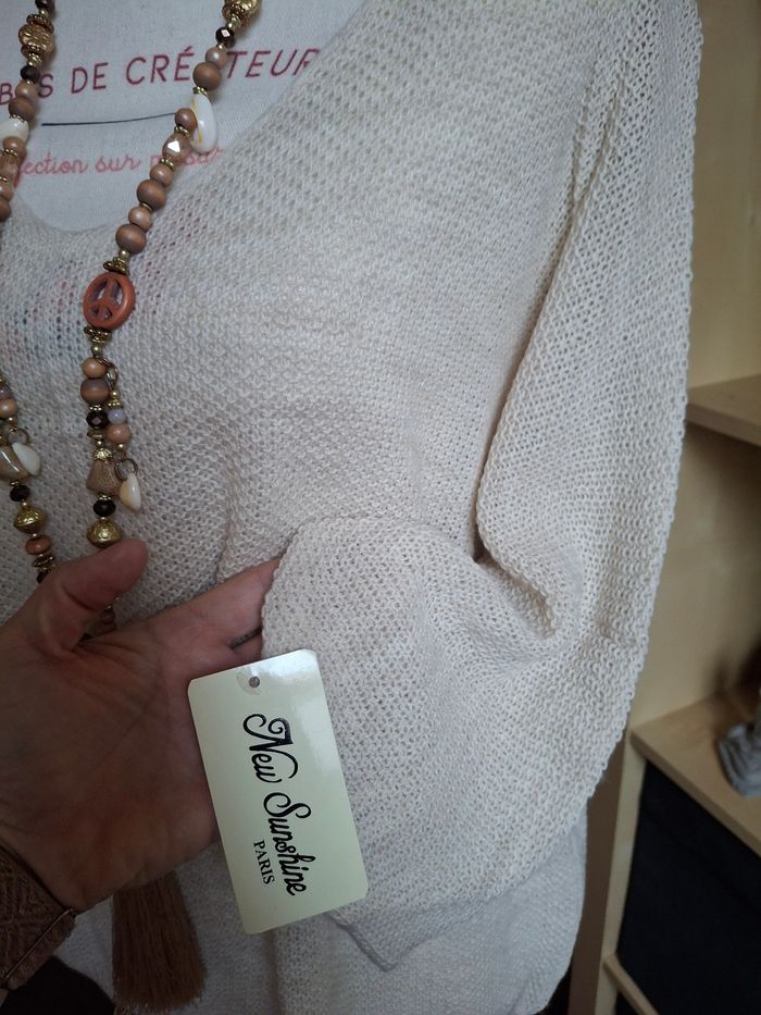 Pull fin beige chiné mailles nid d'abeilles neuf étiqueté - photo numéro 2