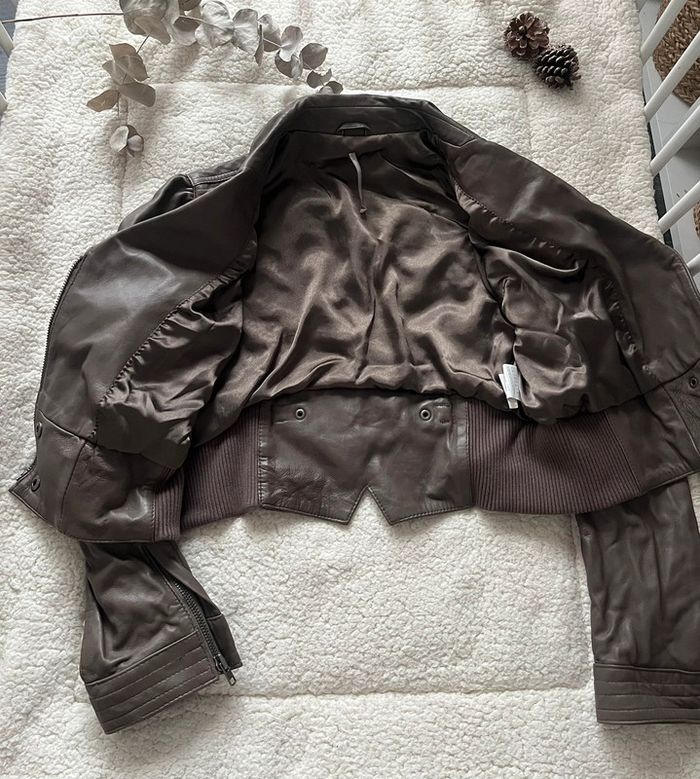 Veste courte cuir véritable marron - photo numéro 4