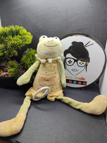 doudou peluche musical grenouille vert orange rouge salopette fleur Poche Pois 
