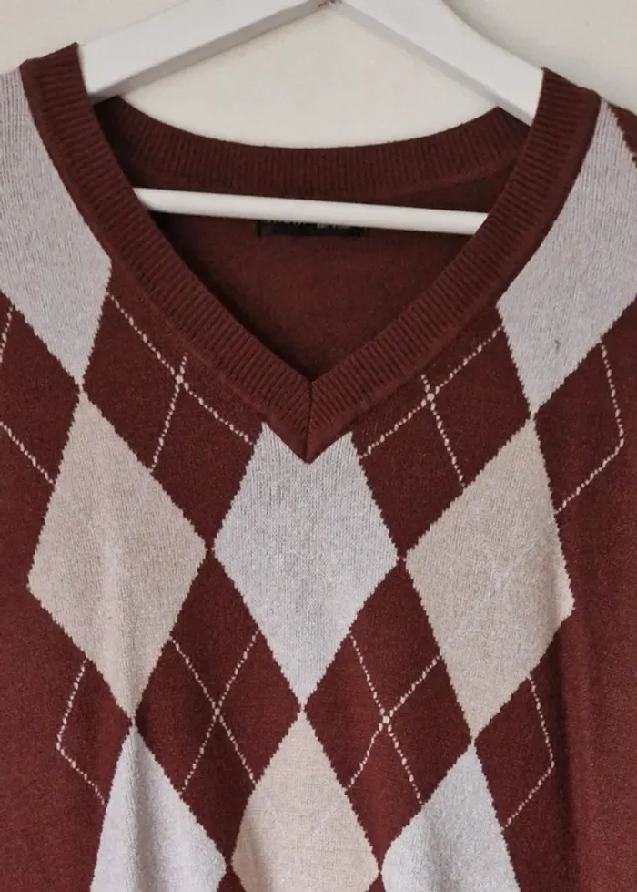 Pull col V marron/beige
