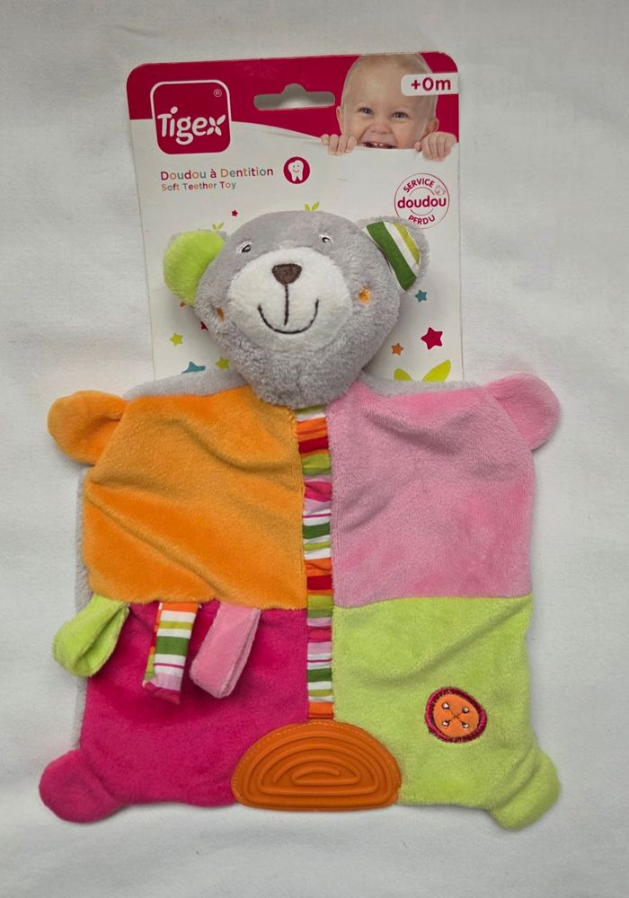 Doudou plat ours gris - rose vert orange fushia- Dentition- Tigex