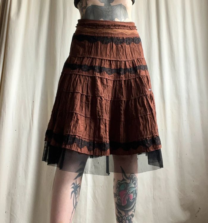 Jupe midi marron dentelle Witchy Fairygrunge vintage made in France 🇫🇷 90s - Taille S - photo numéro 5