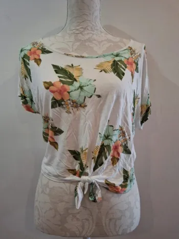 Tee shirt court arkitect taille L 40 blanc à fleurs noeud