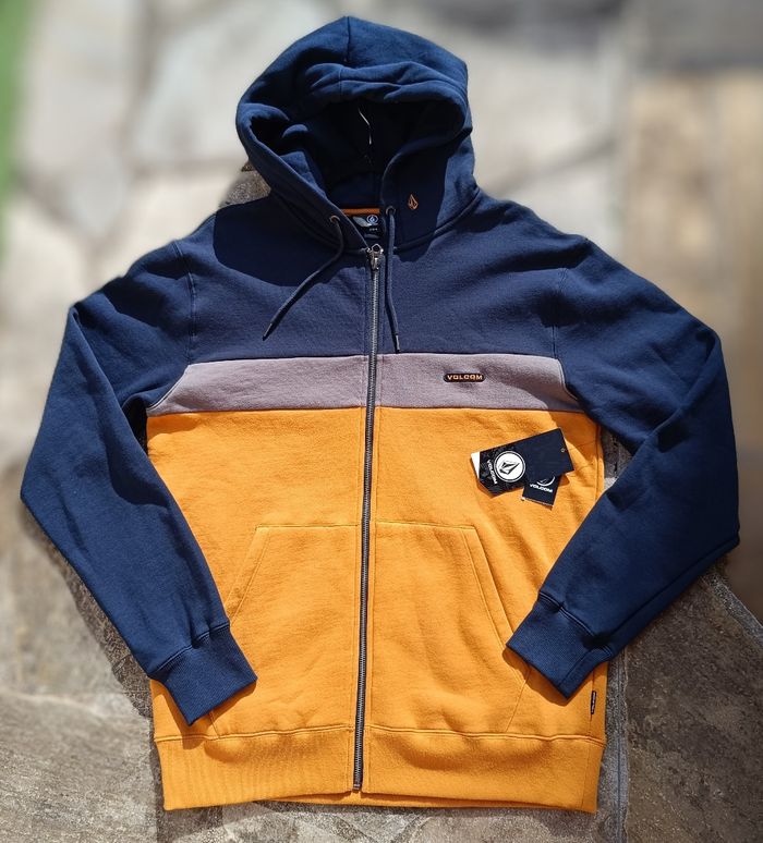 Veste Gilet Full Zip Volcom à capuche Neuf taille M Bleu marine Camel et Gris logo brodé