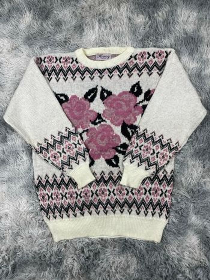 Pull D’hiver Honey Vintage 90s Femme M/M Blanc Fleuris - photo numéro 2