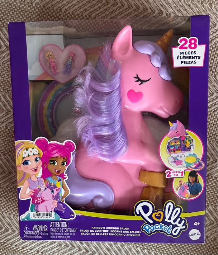 🦄 Polly Pocket – Salon de Coiffure Licorne Arc-en-Ciel – Neuf 🌈