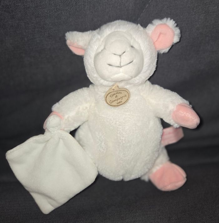 Doudou et compagnie peluche mouton /  agneau 25 cm - blanc et rose avec mouchoir