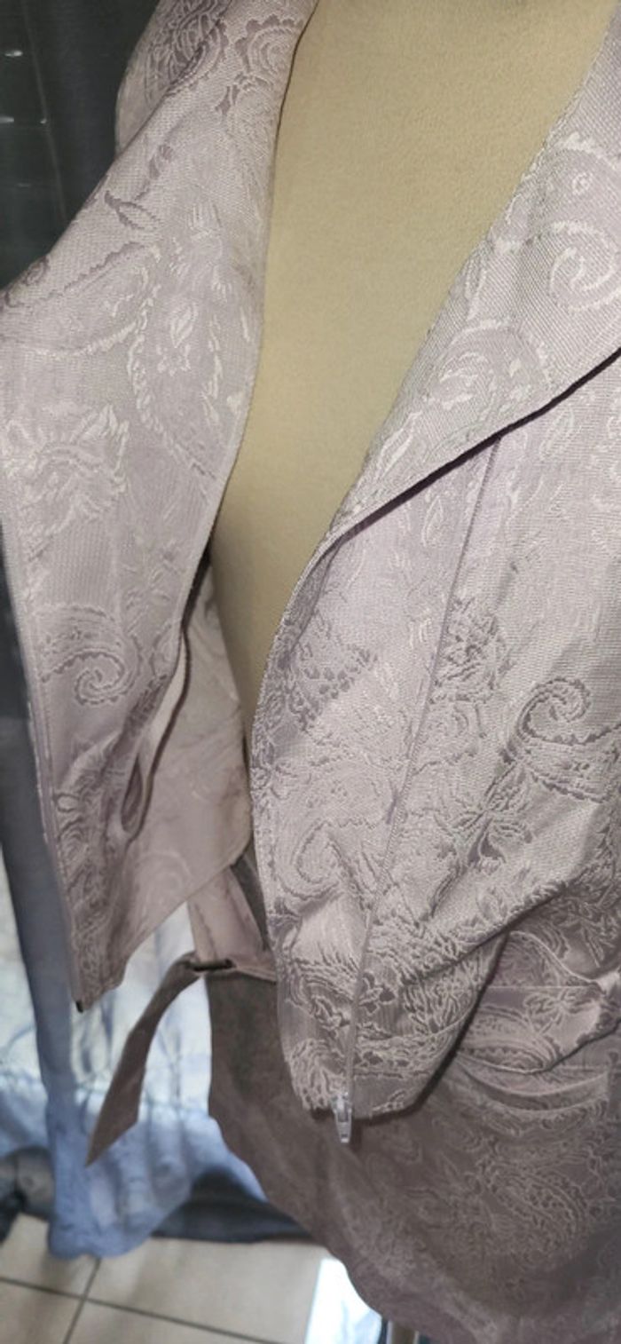 💜 ensemble veste et jupe style perfecto ceinturée effet jacquard lilas - photo numéro 6
