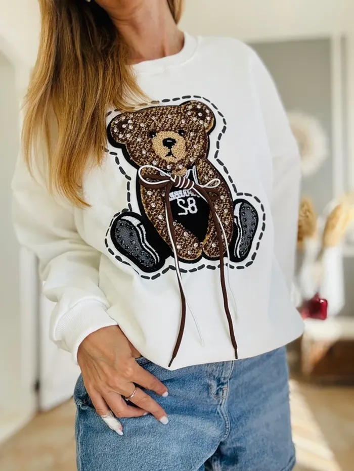 Sweat blanc tendance motif ourson strass taille unique - photo numéro 5
