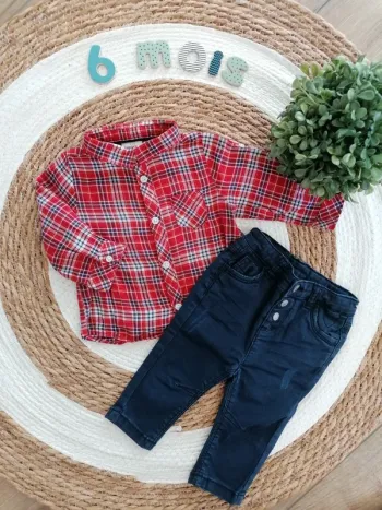 Ensemble pantalon bleu marine/chemise à carreaux - Tape à l'oeil - 6 mois