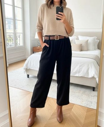 Pantalon élégant noir avec ceinture marron 