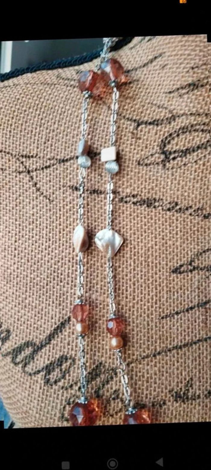 Sautoir  collier argenté  marron beige - photo numéro 3