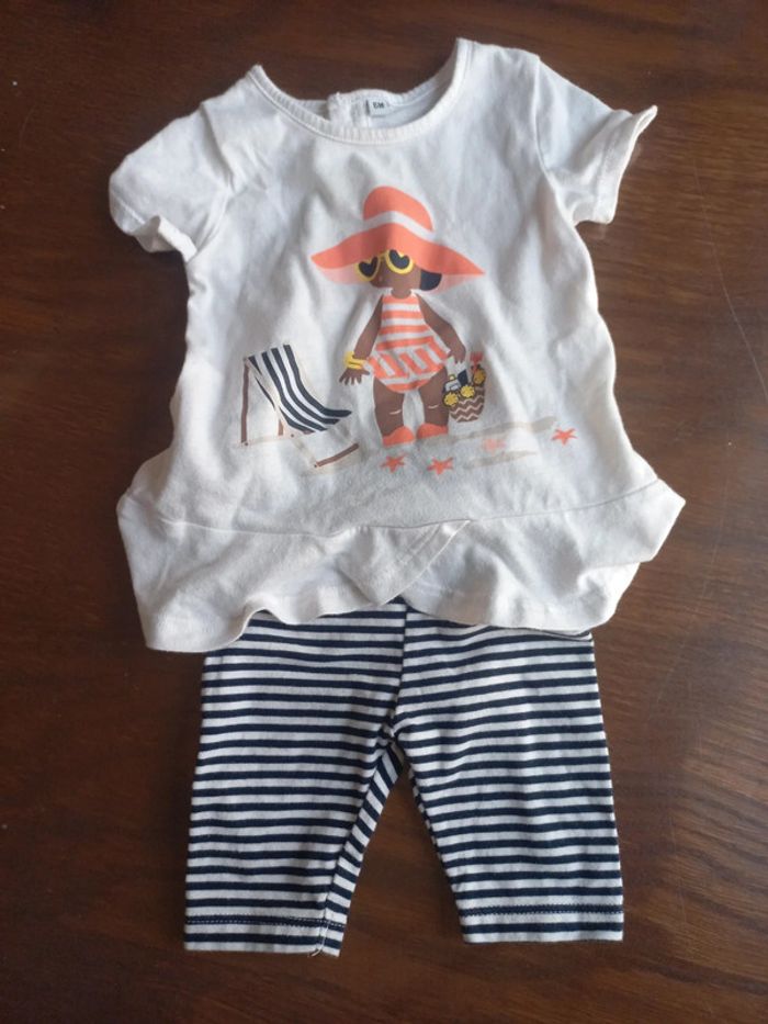 Ensemble T-shirt à manches courtes+legging "plage" 6 mois - photo numéro 2